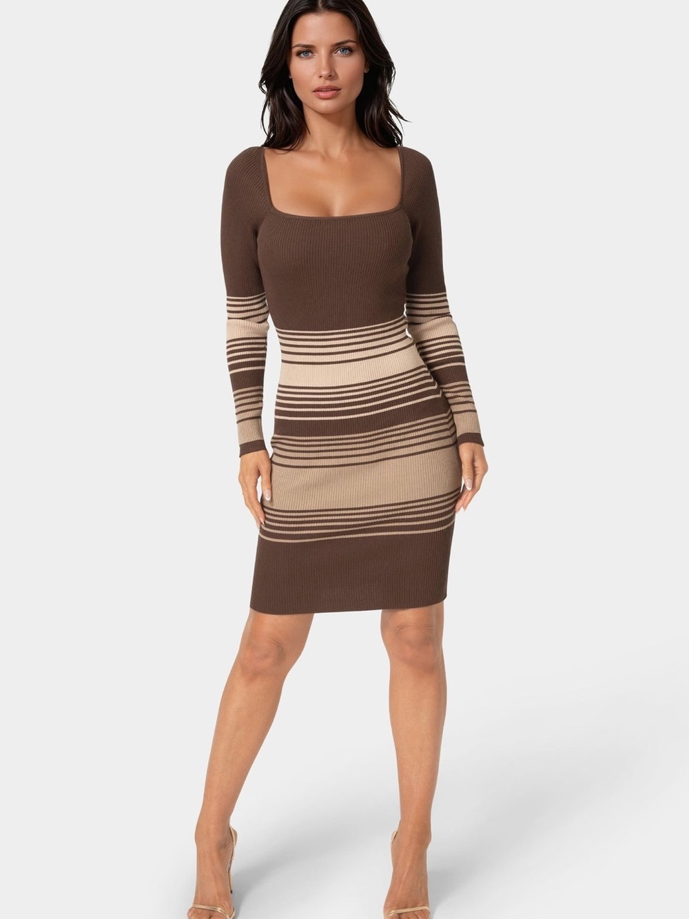 Bebe Y2K Chocolate Brown Striped Ribbed Knit Midi Dress L NWT